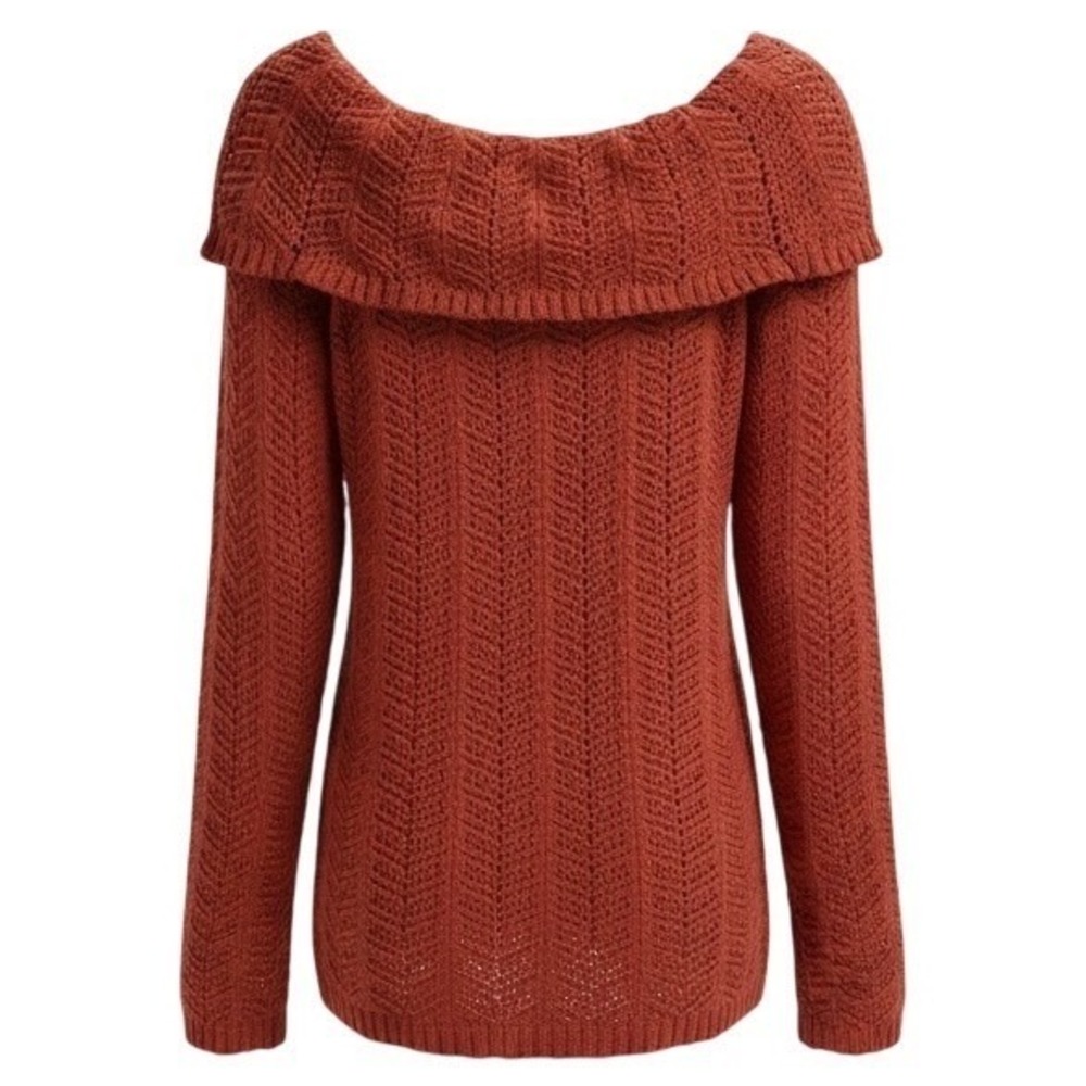 Third Charm Medium Coral Off Shoulder Crochet Knit Tunic Sweater Boho Festival